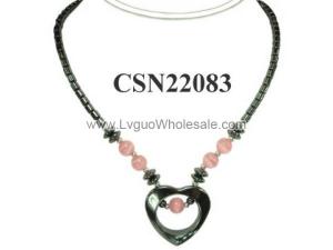 Pink Cat's Eye Opal Beads Hematite Heart Pendant Chain Choker Fashion Necklace